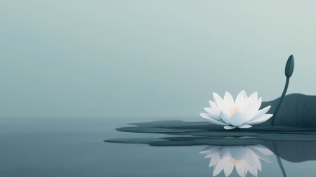 Water lilies on a calm pond in a minimalist design, emphasizing mindfulness with ample negative space for creative useの素材