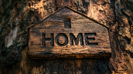 Wooden house sign on a rustic surface, inviting thoughts of family, real estate, or homely vibes with its natural textureの素材