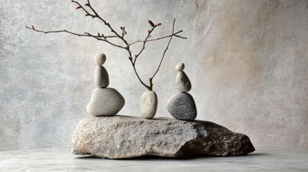 Zen stone arrangement displayed in harmony with a subtle gray backdrop, showcasing simplicity and tranquilityの素材