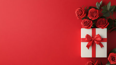 A beautiful gift box adorned with a vibrant red ribbon sits elegantly beside fresh red roses on a striking red background, perfect for celebrations of love and joy.の素材