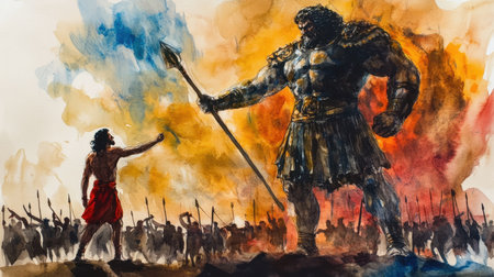 Watercolor art capturing the epic David and Goliath scene, with emphasis on movement, light, and the power of faith amidst adversity.の素材