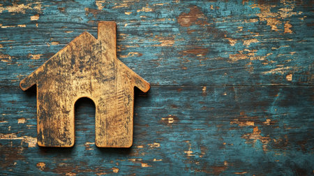 Wooden house sign on a rustic surface, inviting thoughts of family, real estate, or homely vibes with its natural textureの素材