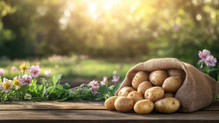 Warm-toned image of a burlap bag of potatoes on a rustic table, framed by the backdrop of a blooming agricultural field bathed in soft lightの素材