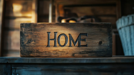 Wooden house sign resting on a rustic table, symbolizing home and warmth with the natural wood tones creating a cozy aestheticの素材