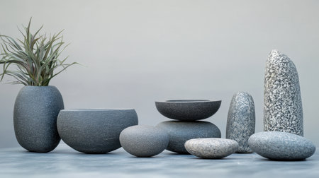 Zen stone arrangement displayed in harmony with a subtle gray backdrop, showcasing simplicity and tranquilityの素材