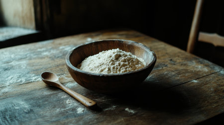 Wooden bowl filled with white flour on a rustic table, with a wooden spoon beside it, bathed in soft natural lightの素材