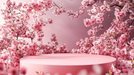 A serene spring scene featuring pink cherry blossoms elegantly framing a circular pedestal. The soft floral backdrop creates a peaceful and vibrant atmosphere, ideal for seasonal themes.の素材