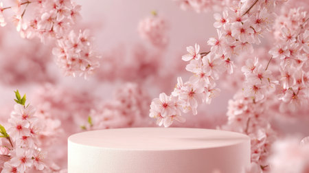 A beautifully arranged scene featuring delicate pink cherry blossom petals surrounding a minimalist white cake stand, evoking a sense of spring beauty and elegance.の素材