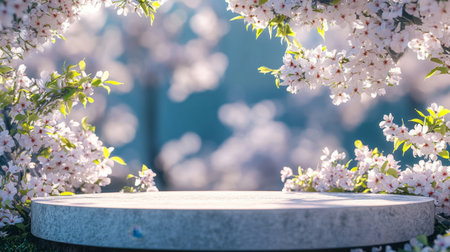 A tranquil scene featuring blooming cherry blossoms framing a round stone platform, illuminated by soft sunlight, perfect for nature-inspired designs.の素材