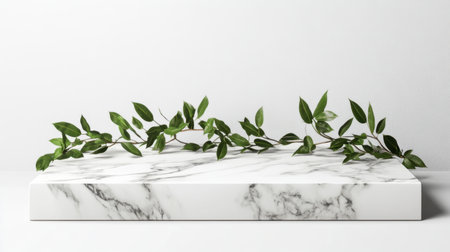Discover a stunning marble surface adorned with delicate green leaves, perfect for artistic displays or modern decor. A minimalist touch for your projects.の素材