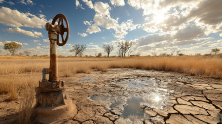 A rusty water pump surrounded by cracked, dry soil under a harsh, sunlit sky.の素材