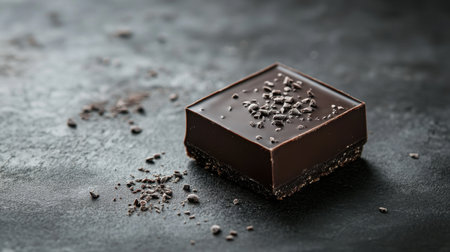 A gourmet chocolate tart highlighted on a dark gray surface, its glossy texture catching the light.の素材