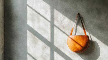 A modern vegan leather purse hanging neatly, accentuated by natural light and subtle textures of a neutral wall.の素材