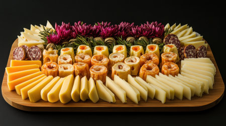 A vibrant cheese platter featuring assorted cheeses, salami, and decorative edible flowers, perfect for parties and gatherings, showcasing culinary artistry.の素材