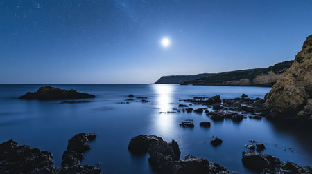 Calm waters mirroring a starry night and full moon, surrounded by a peaceful, serene natural atmosphereの素材