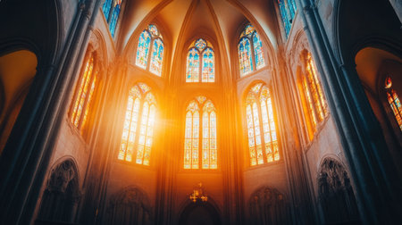 Interior of a Gothic cathedral with towering stained glass windows, glowing with vibrant colors under golden light.の素材
