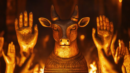 Close-up of the golden calf idol, with outstretched hands of worshippers illuminated by flickering firelight, representing spiritual misdirection.の素材