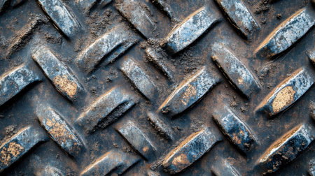 Rough metal background with oxidized patches and visible scratches, creating a gritty, industrial vibe.の素材