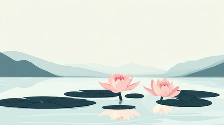 Water lilies on a calm pond in a minimalist design, emphasizing mindfulness with ample negative space for creative useの素材