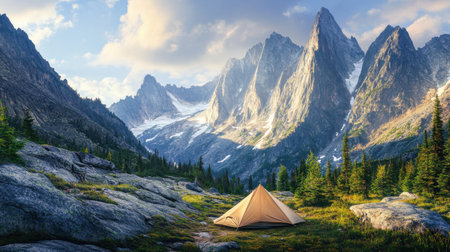 A serene campsite with a single tent surrounded by rugged mountain peaks, capturing nature's raw beauty.の素材