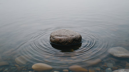 Dropped pebble in still water creating concentric ripples, surrounded by soft light, evoking calm and the beauty of nature.の素材