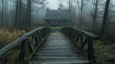 A wooden bridge leads to a shadowy house shrouded in fog, creating a scene filled with mystery and intrigue in the forestの素材