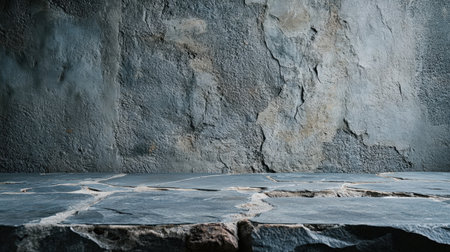 Rustic stone tabletop with subtle cracks, framed by an aged concrete wall backdrop, offering a perfect surface for creative montages.の素材