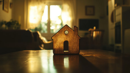 Warm-toned wooden house sign sitting on a table with natural light accentuating its charm, embodying homely comfortの素材