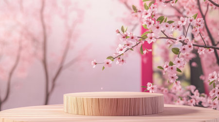 A minimalist wooden platform surrounded by delicate cherry blossoms creates a serene backdrop, perfect for showcasing products or artistic displays in spring.の素材