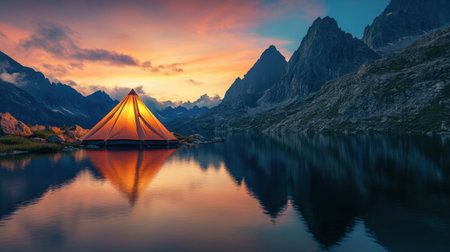 A glowing tent set against towering mountain peaks, illuminated by golden sunrise hues in a breathtaking natural setting.の素材