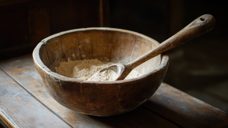 Natural light highlights a wooden bowl of flour with a rustic spoon, representing simplicity and the art of bakingの素材