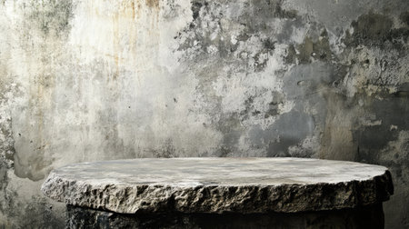 A weathered stone tabletop with earthy tones against a rough grey concrete wall, conveying a sense of age and natural elegance.の素材
