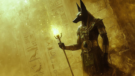 Fantasy digital painting of Anubis holding a glowing scepter, surrounded by ethereal light and ancient Egyptian symbols.の素材