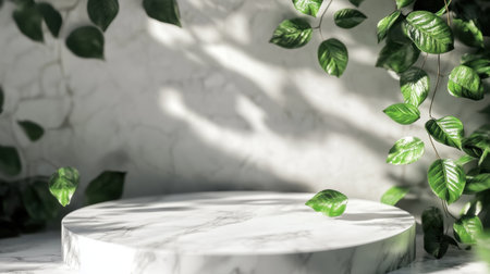 A serene composition featuring a round marble surface surrounded by lush green leaves, softly illuminated, creating a tranquil and elegant atmosphere perfect for showcasing products or designs.の素材