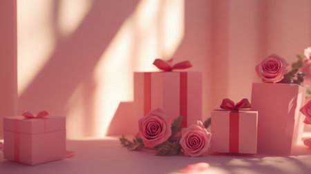A serene composition featuring pink gift boxes adorned with ribbons, complemented by beautiful roses. The soft lighting creates a romantic and elegant atmosphere, perfect for celebrations.の素材