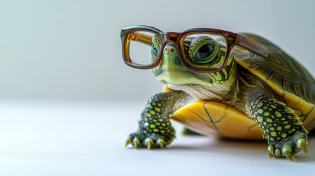 A charming turtle wearing stylish glasses displays a playful expression against a minimalistic background, evoking a sense of fun and curiosity.の素材
