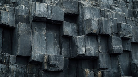Close-up view of an intriguing textured surface created by dark stone blocks. The geometric shapes display a rugged, abstract formation, perfect for artistic or architectural inspirations.の素材