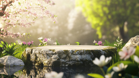 A beautiful garden scene featuring colorful flowers and a serene water reflection. The soft sunlight creates a tranquil atmosphere, perfect for relaxation.の素材
