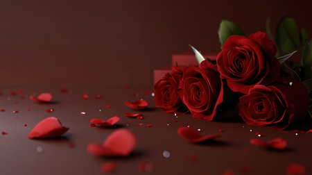A stunning arrangement of red roses lies elegantly on a dark surface. Petals scatter around, adding a touch of romance and charm. Perfect for any love-themed project.の素材