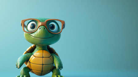 This charming cartoon turtle features oversized glasses and a delightful smile, perfect for children's illustrations or educational themes in vibrant blue tones.の素材