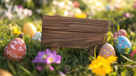 A charming wooden sign stands amidst a vibrant array of colorful Easter eggs and delicate flowers, creating a joyful spring atmosphere perfect for seasonal celebrations.の素材