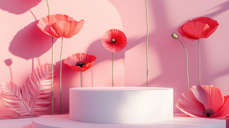A captivating arrangement of pink flowers with a minimalist round display, creating a soft and elegant ambiance. Ideal for decorative or artistic themes.の素材