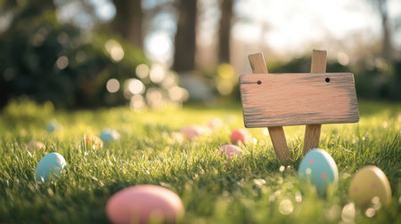 A serene outdoor scene featuring colorful Easter eggs scattered on lush green grass, complemented by a blank wooden signboard, perfect for seasonal celebrations.の素材