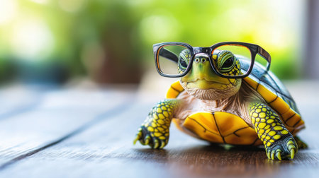 This adorable turtle wearing glasses showcases a playful character on a wooden surface, highlighting a unique blend of nature and humor in a bright outdoor setting.の素材