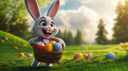 A cheerful bunny happily collects colorful eggs in a sunny meadow, creating a joyful atmosphere perfect for spring and festive celebrations.の素材
