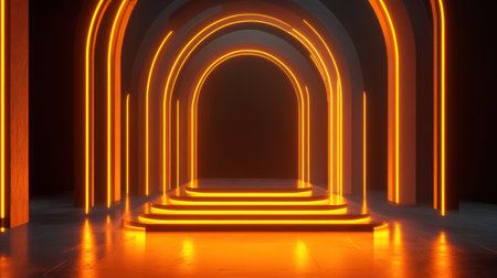 A captivating futuristic archway scene featuring vibrant orange neon lights that create an inviting ambiance. Ideal for technology and design concepts.の素材
