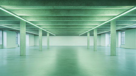 A spacious modern interior featuring concrete pillars and neon lighting creates a minimalist aesthetic. This versatile space is perfect for various creative projects.の素材