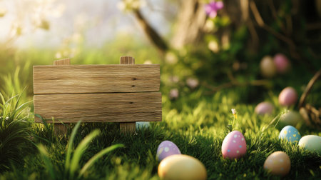 A rustic wooden sign stands on lush green grass, surrounded by colorful Easter eggs in pastel shades. The serene setting captures the joy of spring and festive celebrations.の素材