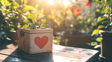 A charming potted plant with a heart design basking in soft morning light, symbolizing love and growth in a serene garden setting. Perfect for nature lovers.の素材