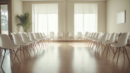A spacious meeting room featuring lined white chairs and ample natural light. The minimalist design creates a calm environment suitable for events.の素材
